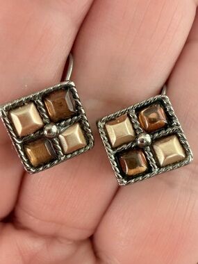 Retro Silver-toned Silver Brown & Cream Square Drop Earrings